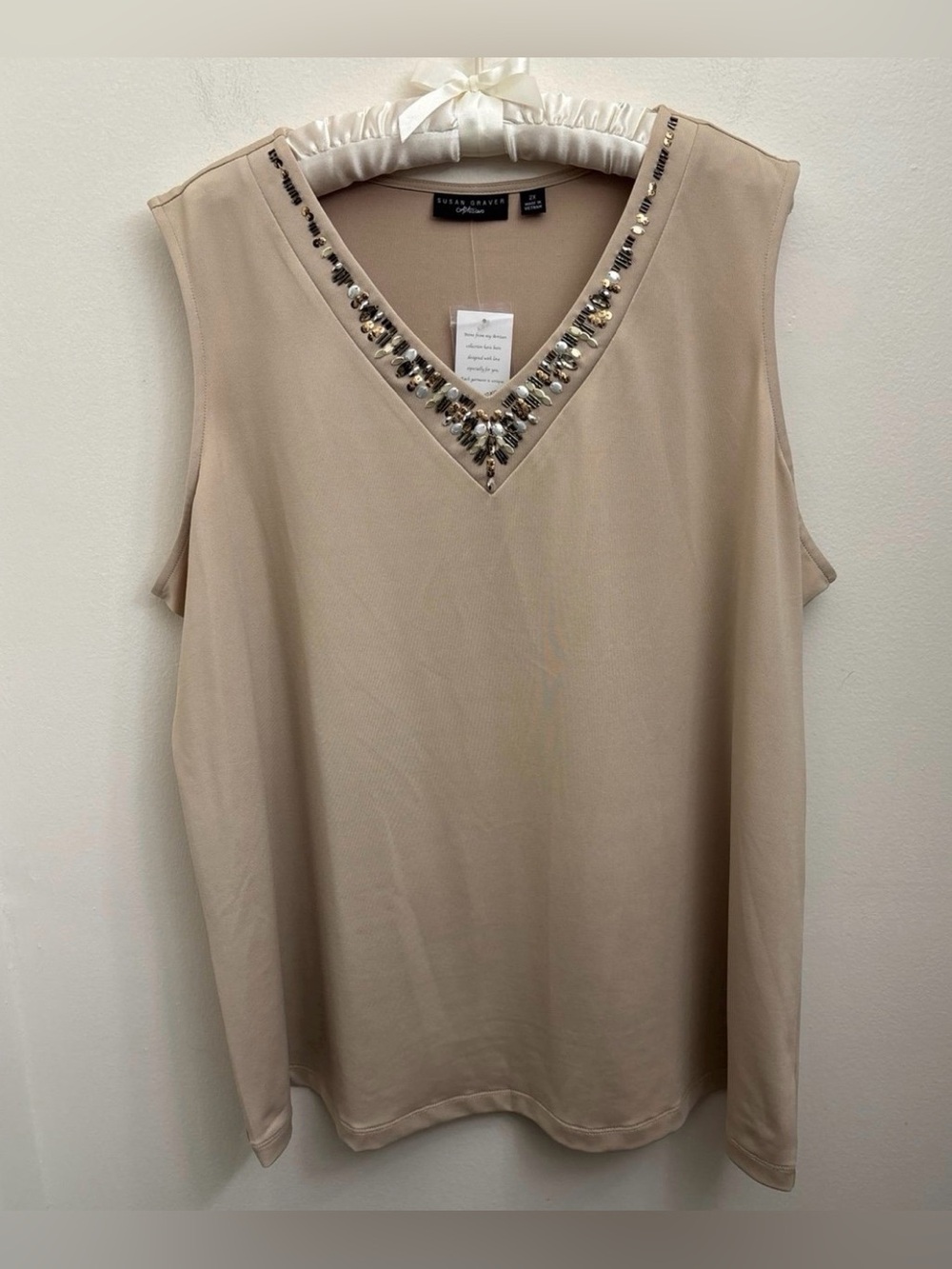 Susan Graver Beige Sleeveless V-Neck Beaded Tank Top